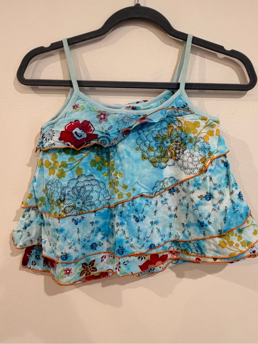 Vintage 90s DKNY Blue & Red Floral Ruffle Tiered Tank Top